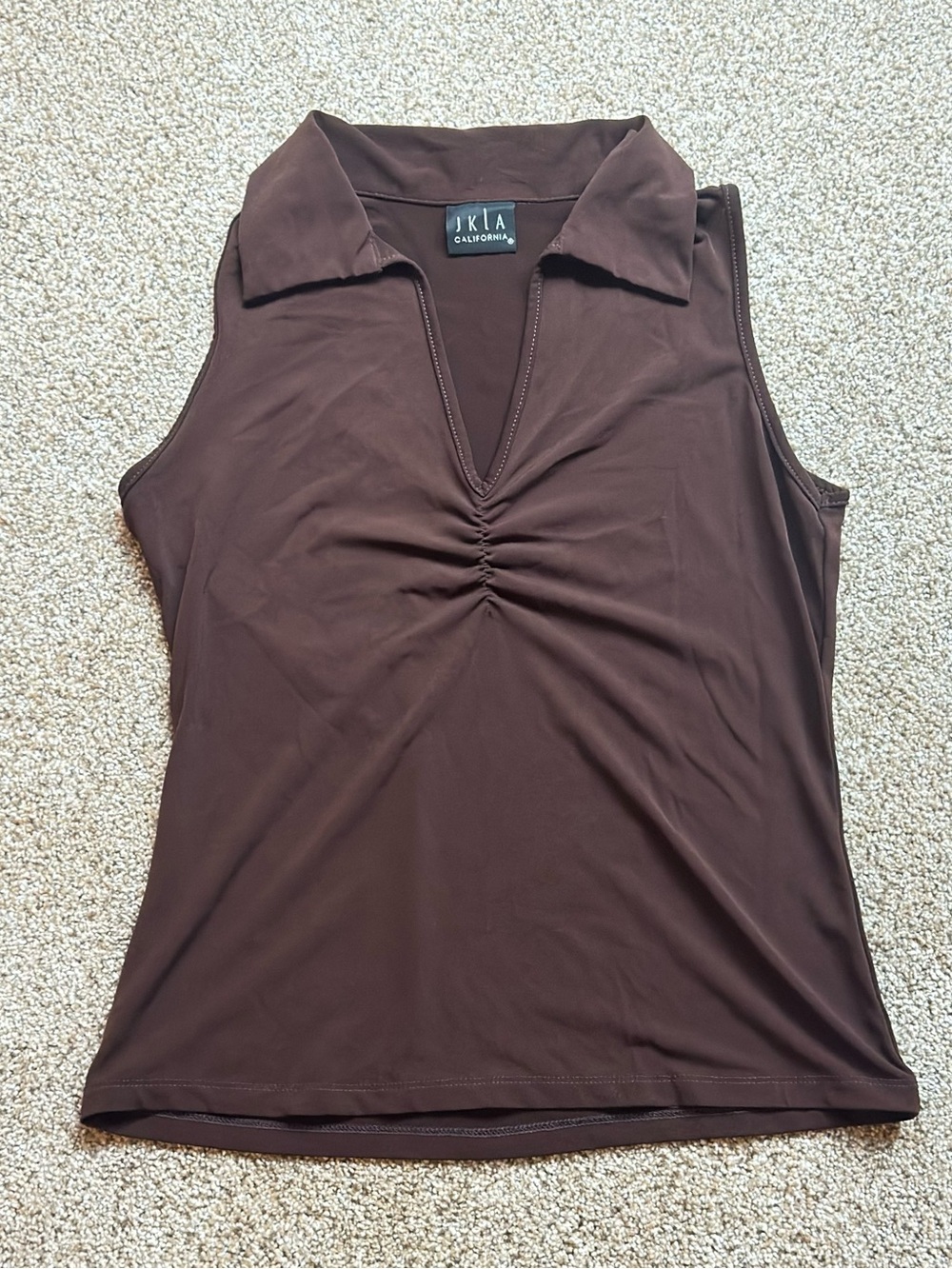 JKLA California Women's Brown Sleeveless V-neck Ruched Collared Top SIZE S